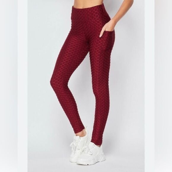 High-Waisted Honeycomb Textured Scrunch Butt Yoga Leggings With Pockets - Burgun - Picture 1 of 9